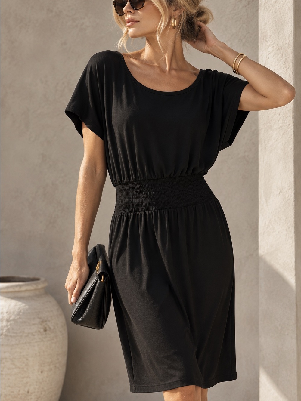 White House Black Market Black Smocked Waist Dolman Sleeve Dress M